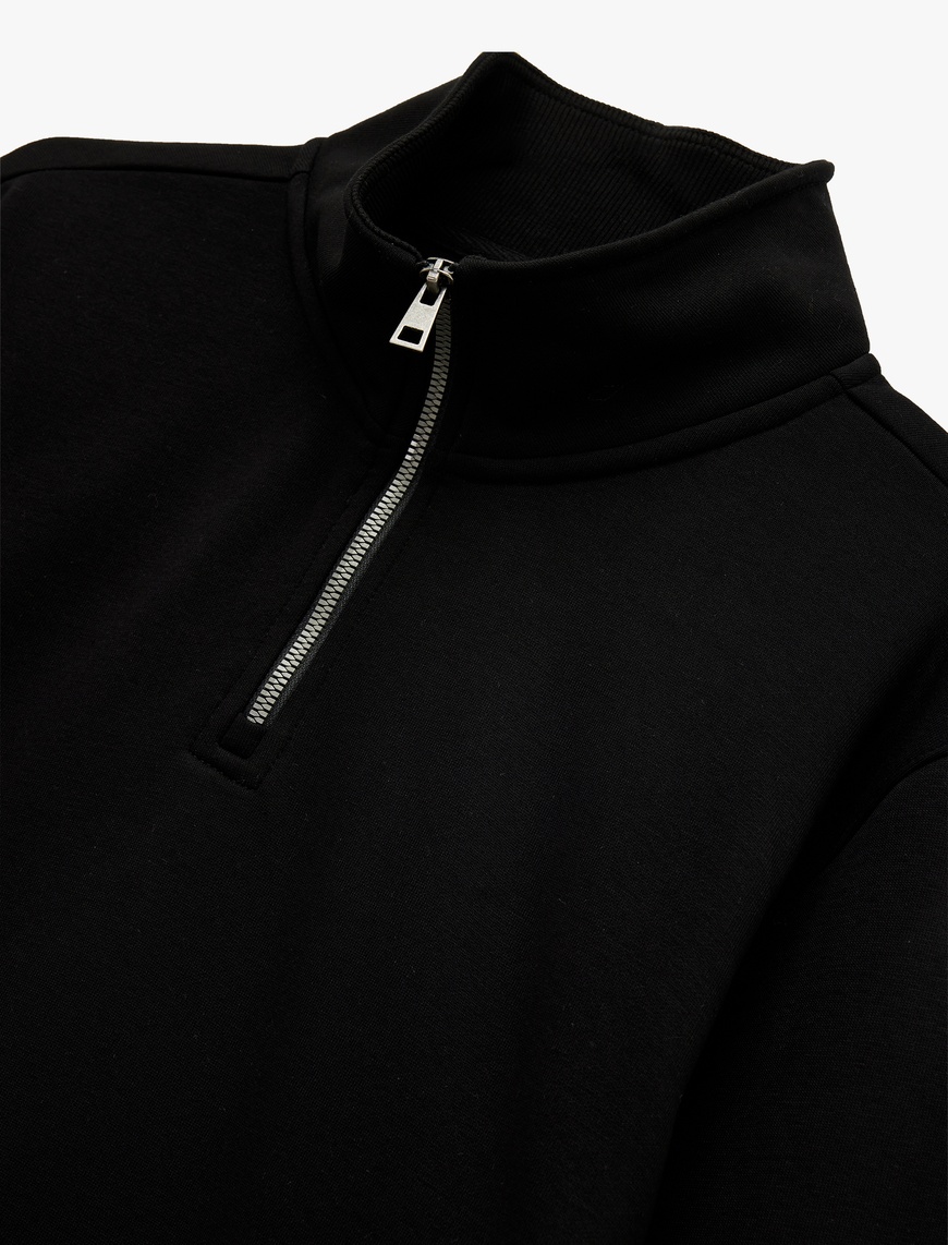   Uzun Kollu Şardonlu Basic Yarım Fermuarlı Sweatshirt