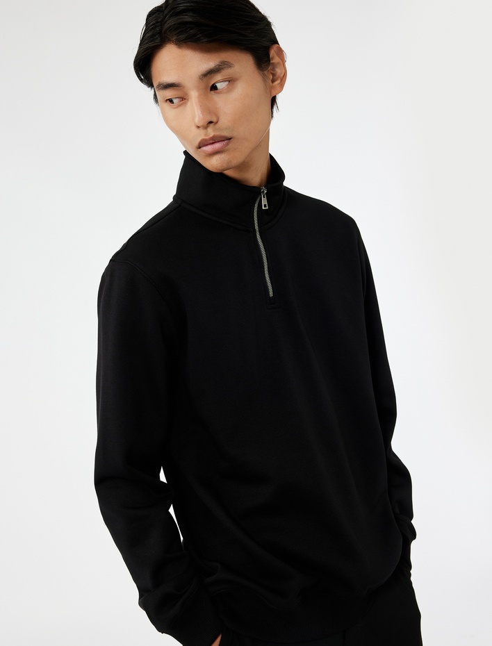 Uzun Kollu Şardonlu Basic Yarım Fermuarlı Sweatshirt