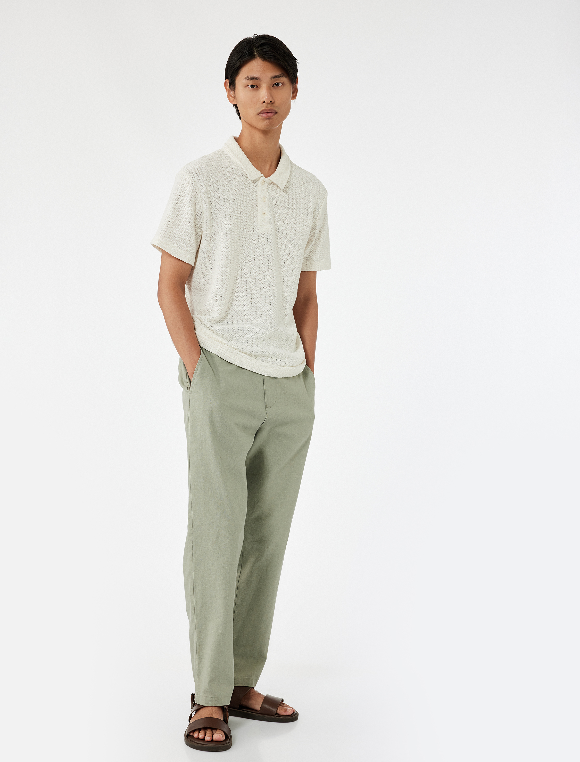   Beli Lastikli Düğmeli Cep Detaylı Pamuk Keten Karışımlı Pantolon