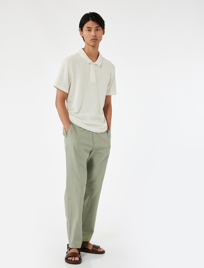  Beli Lastikli Düğmeli Cep Detaylı Pamuk Keten Karışımlı Pantolon