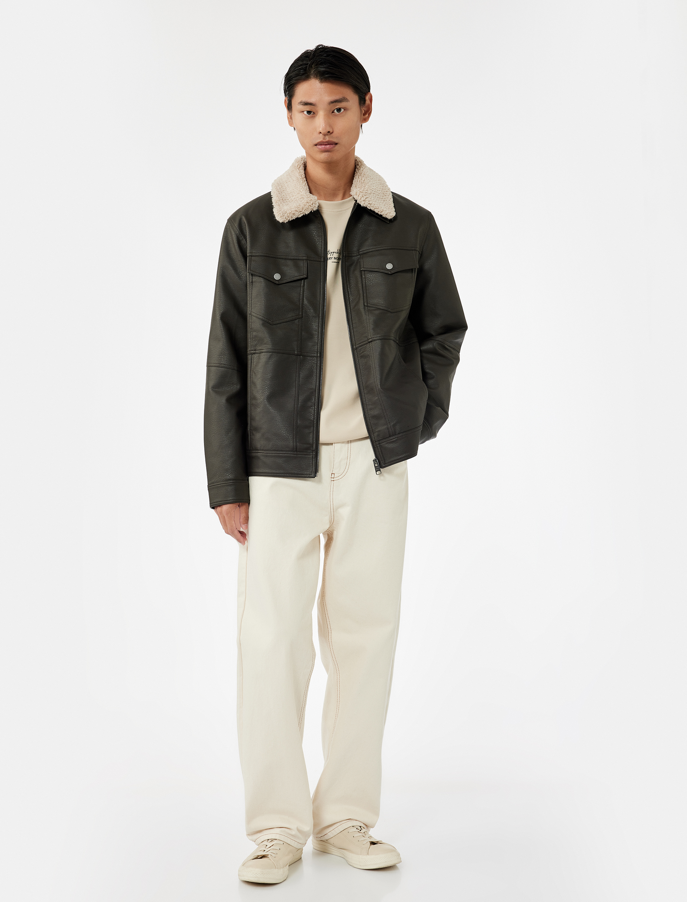   Uzun Kollu Kapaklı Cep Detaylı Slim Fit Peluş Yaka Suni Deri Ceket