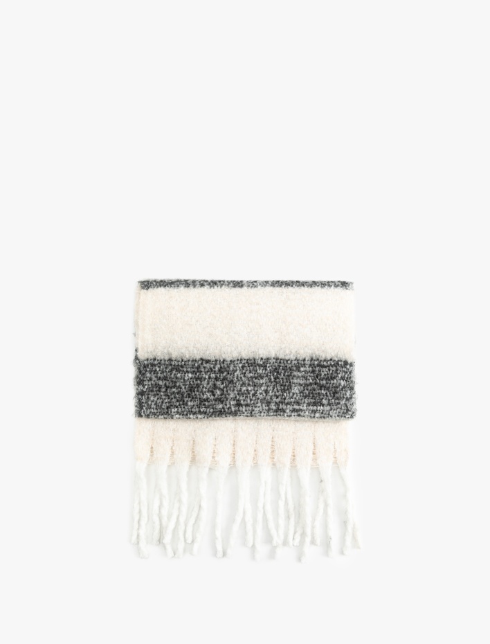 Kadın Yumuşak Dokulu Püsküllü Renk Bloklu Uzun Atkı