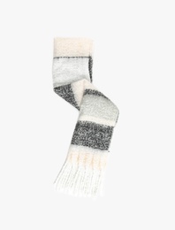 Yumuşak Dokulu Püsküllü Renk Bloklu Uzun Atkı