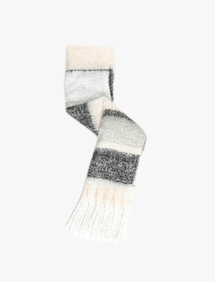 Kadın Yumuşak Dokulu Püsküllü Renk Bloklu Uzun Atkı