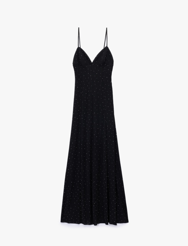 Askılı V Yaka Slim Fit Slip Taşlı Uzun Abiye Elbise_0