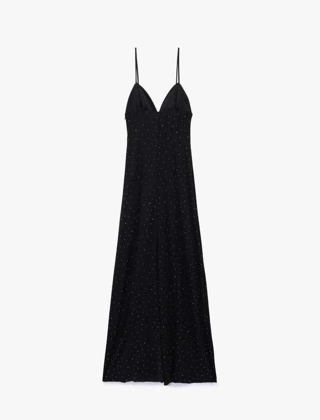 Askılı V Yaka Slim Fit Slip Taşlı Uzun Abiye Elbise_1
