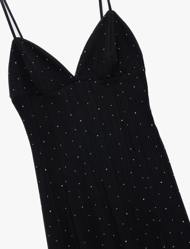Askılı V Yaka Slim Fit Slip Taşlı Uzun Abiye Elbise_2