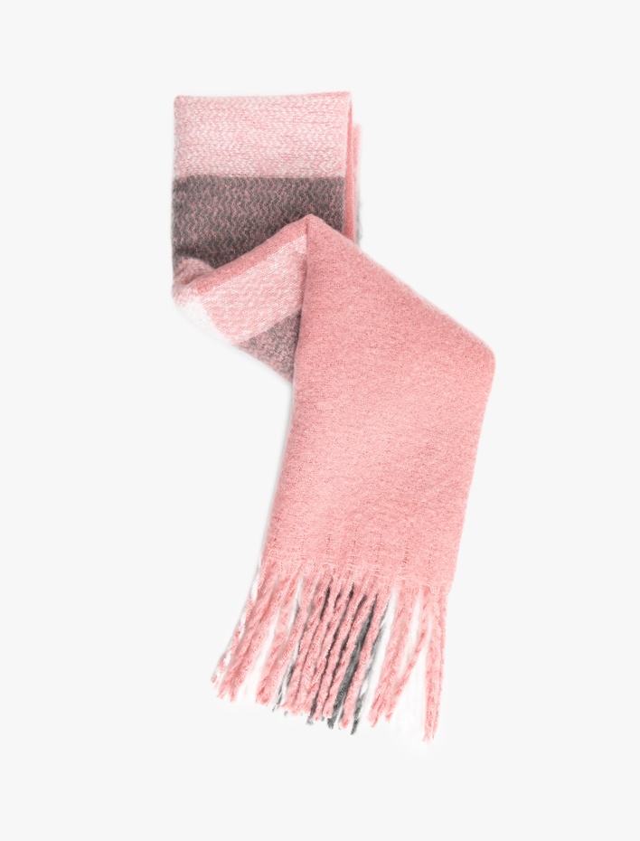 Kadın Yumuşak Dokulu Püsküllü Renk Bloklu Uzun Atkı