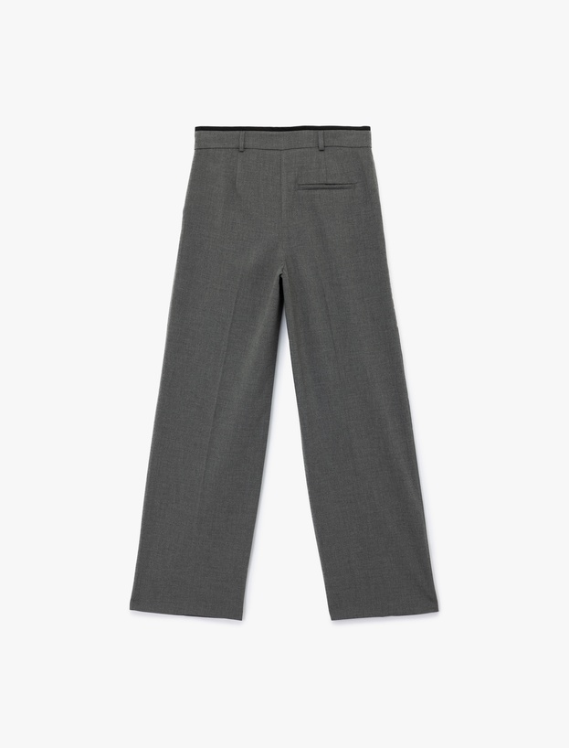 Pile Detaylı Cepli Geniş Paça Kumaş Pantolon_1