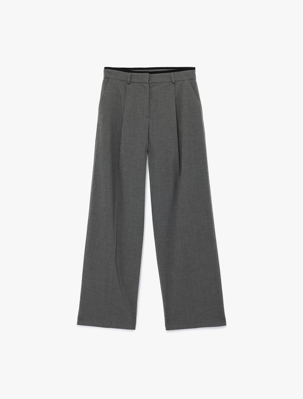 Pile Detaylı Cepli Geniş Paça Kumaş Pantolon_0