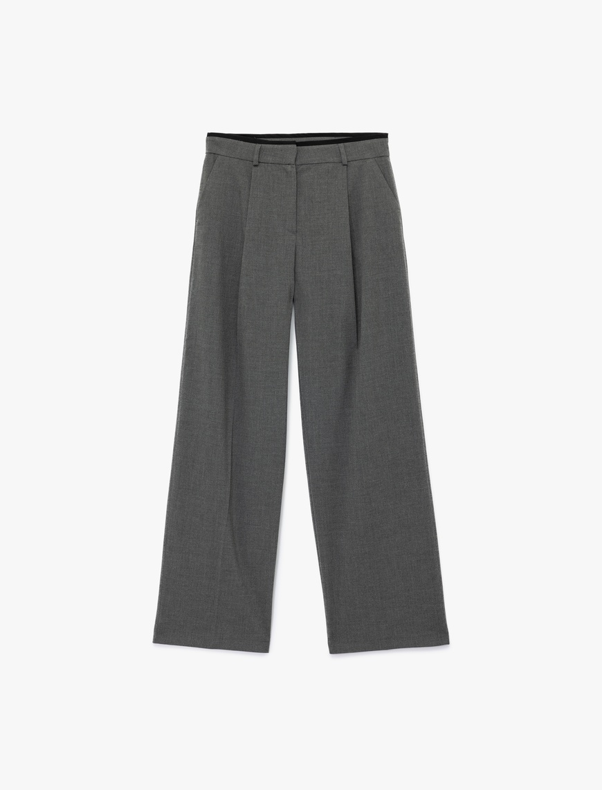   Pile Detaylı Cepli Geniş Paça Kumaş Pantolon