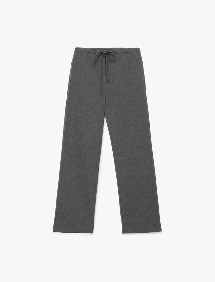  Beli Bağcıklı Cepli Uzun Düz Bol Paça Kumaş Pantolon