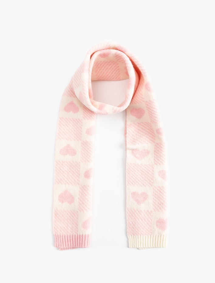 Kız Çocuk Kareli Kalpli Uzun Atkı