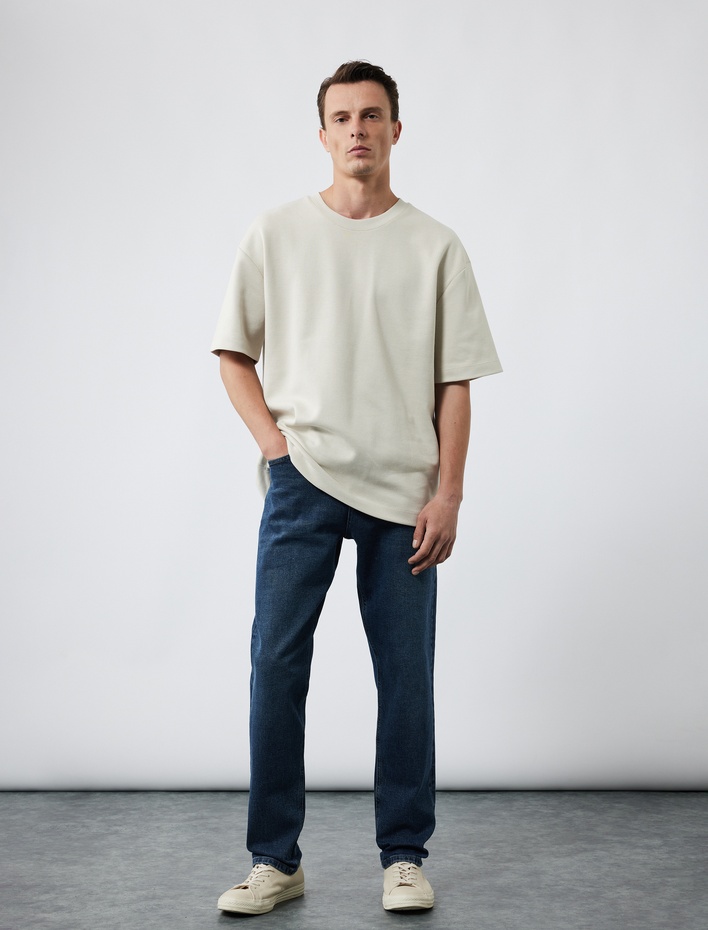  Pamuklu Kısa Kollu Pike Kumaş Bisiklet Yaka Basic Oversize Tişört