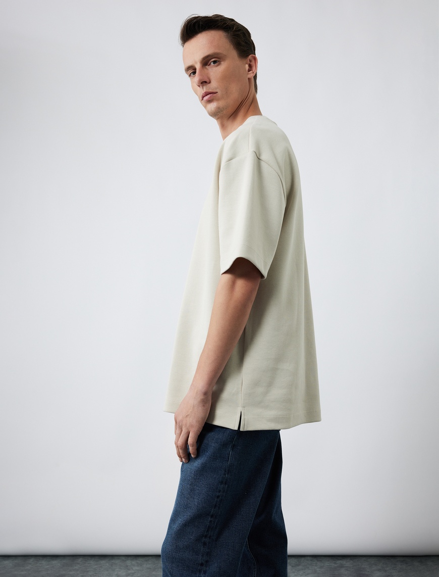   Pamuklu Kısa Kollu Pike Tok Kumaş Bisiklet Yaka Basic Oversize Tişört