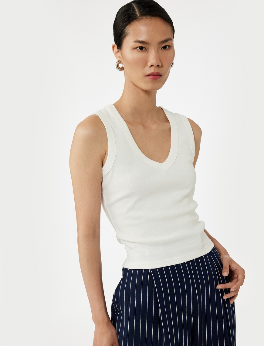   Slim Fit Bisiklet Yaka Pamuklu Ribanalı Kolsuz Bluz