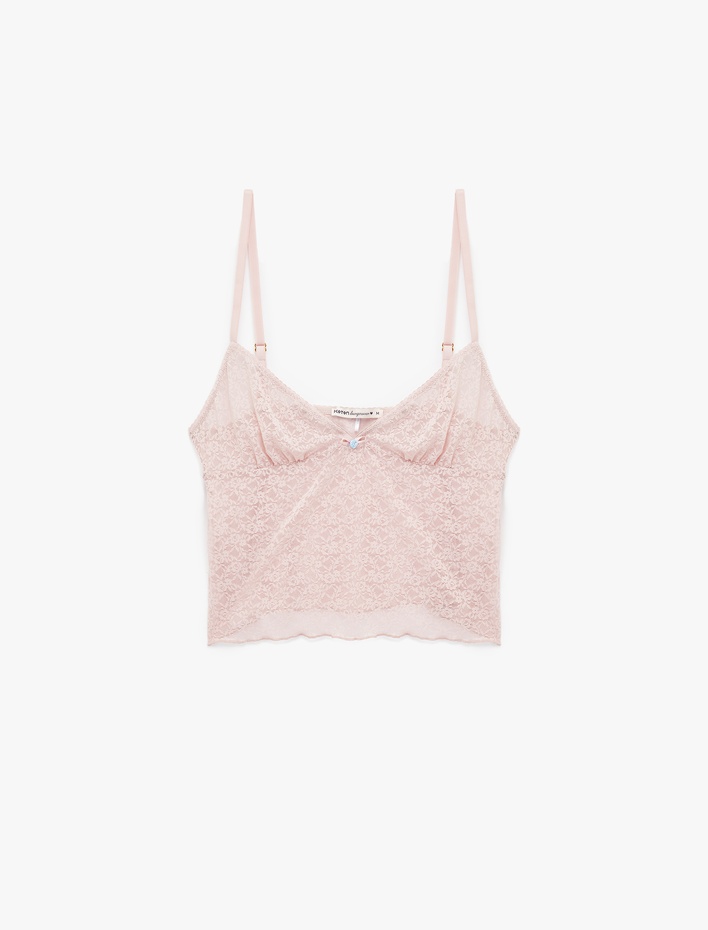  Kalp Yaka İnce Askılı Dantelli Pijama Üstü