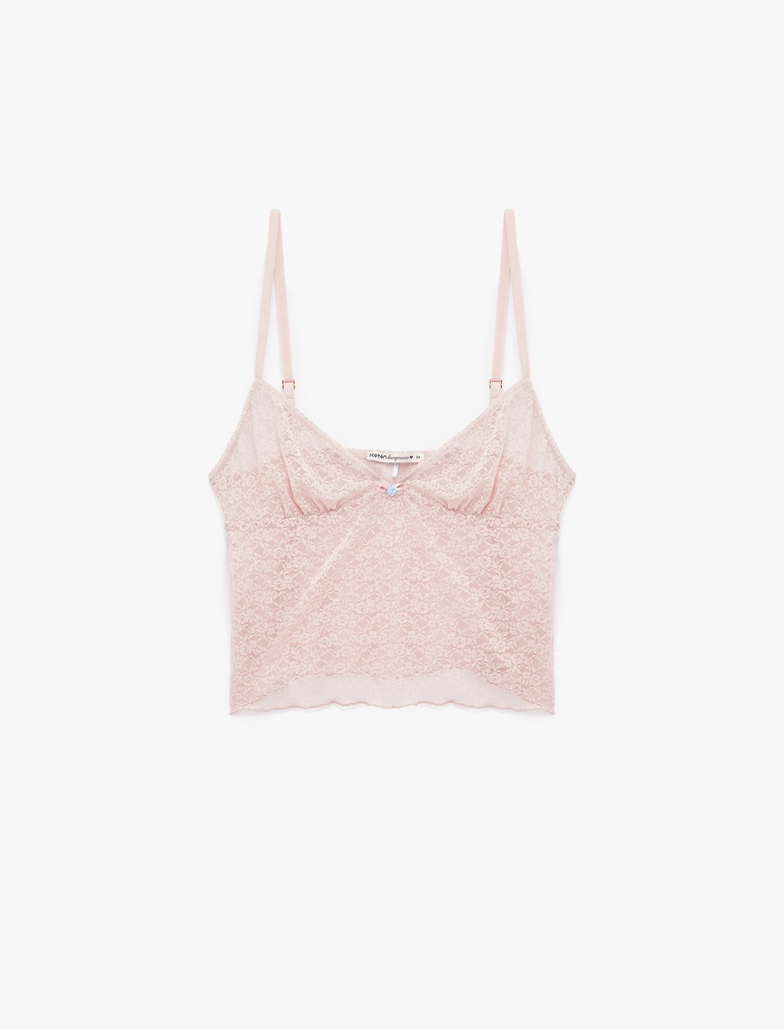   Kalp Yaka İnce Askılı Dantelli Pijama Üstü