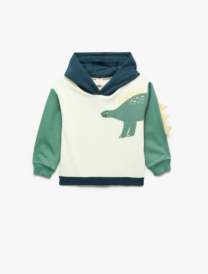 Erkek Bebek Dinozor Baskılı Pamuklu Uzun Kollu Kapşonlu Sweatshirt