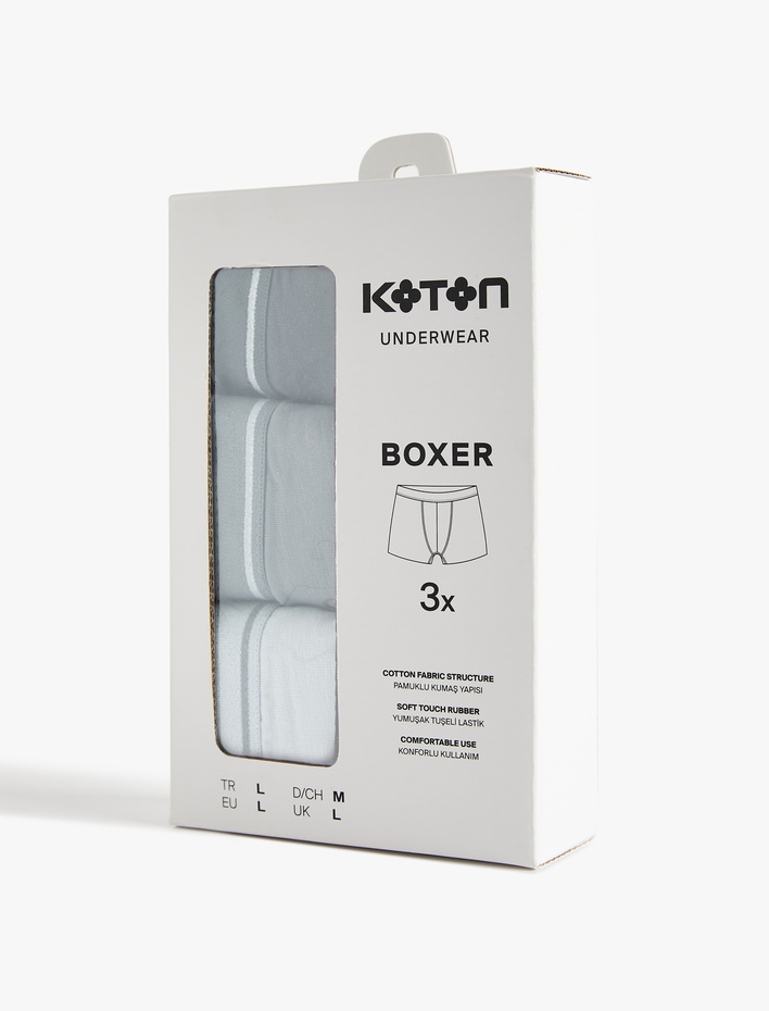  Pamuklu Çizgili Lastik Detaylı 3'lü Boxer Seti