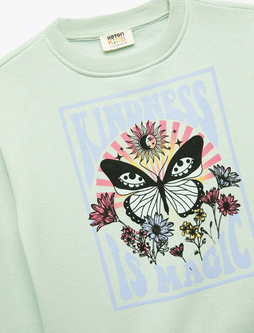  Kız Çocuk Uzun Kollu Bisiklet Yaka Pamuklu Kelebek Baskılı Sweatshirt