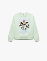Uzun Kollu Bisiklet Yaka Pamuklu Kelebek Baskılı Sweatshirt