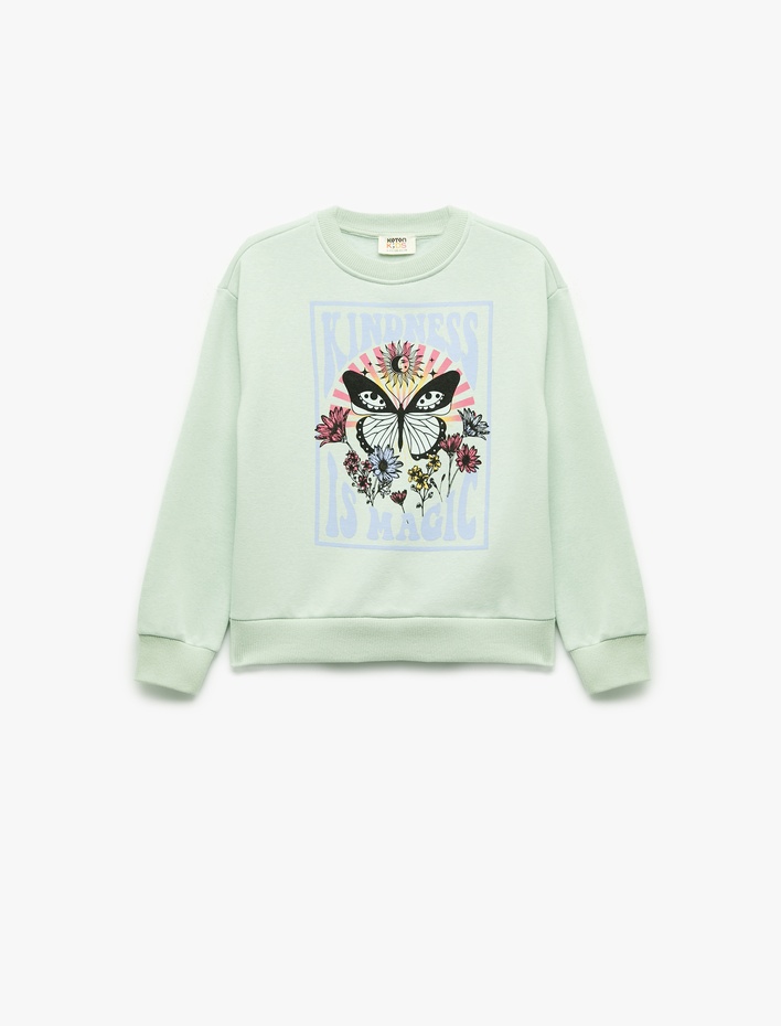 Kız Çocuk Uzun Kollu Bisiklet Yaka Pamuklu Kelebek Baskılı Sweatshirt