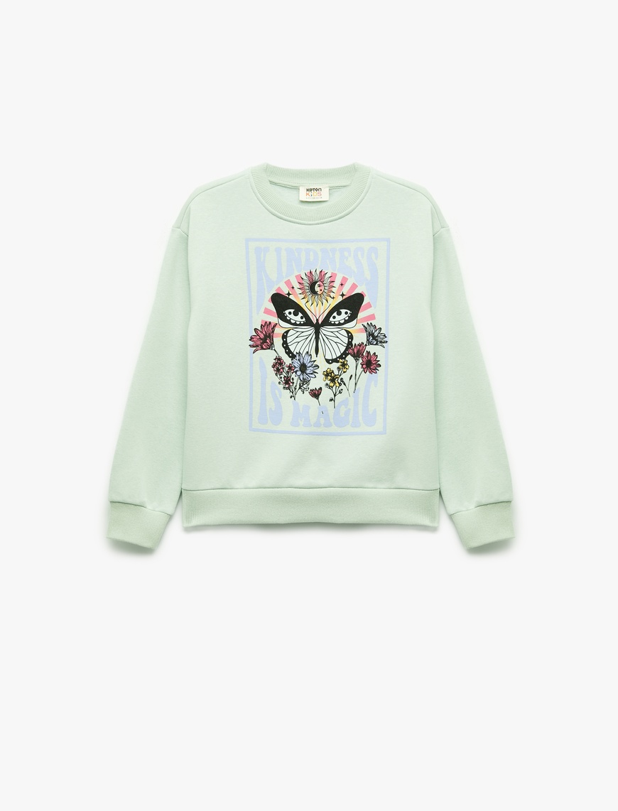  Kız Çocuk Uzun Kollu Bisiklet Yaka Pamuklu Kelebek Baskılı Sweatshirt