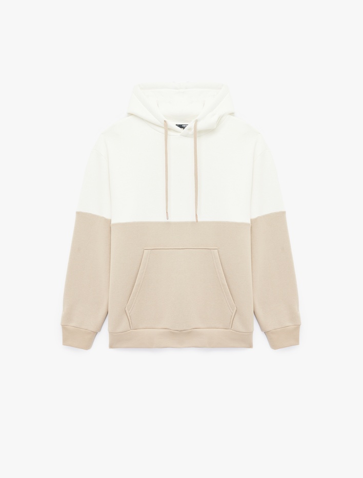  Kapşonlu Renk Bloklu Pamuklu Şardonlu Oversize Kanguru Cepli Sweatshirt