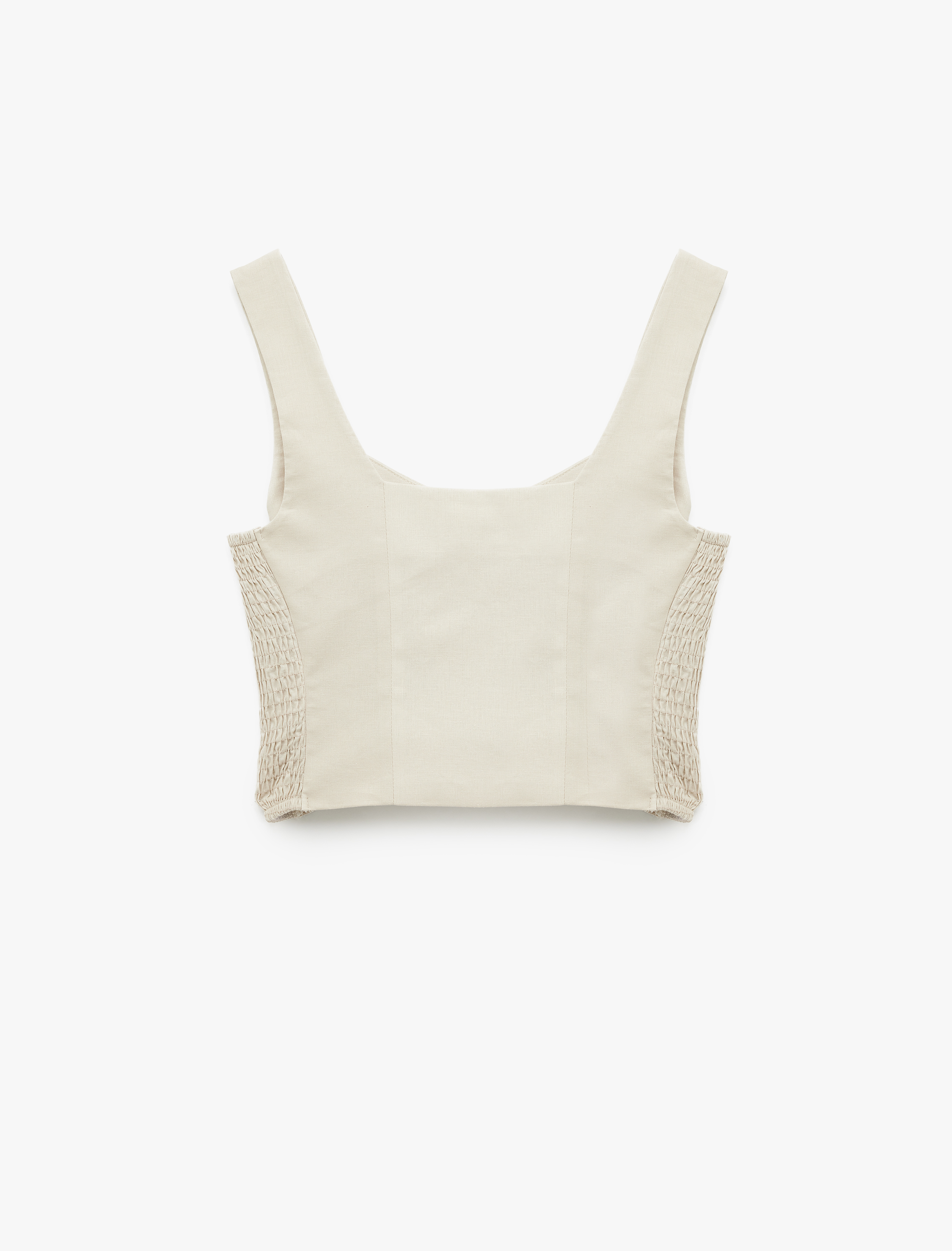   Gipeli Kare Yaka Düğmeli Kalın Askılı Keten Crop Bluz