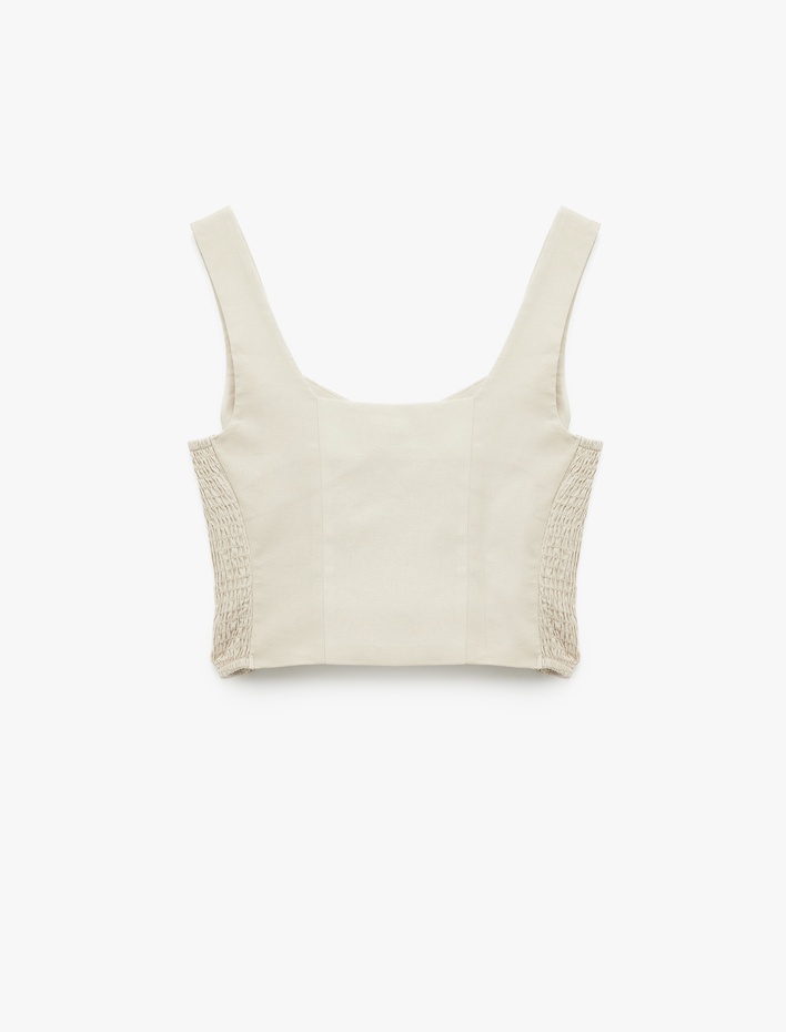  Gipeli Kare Yaka Düğmeli Kalın Askılı Keten Crop Bluz