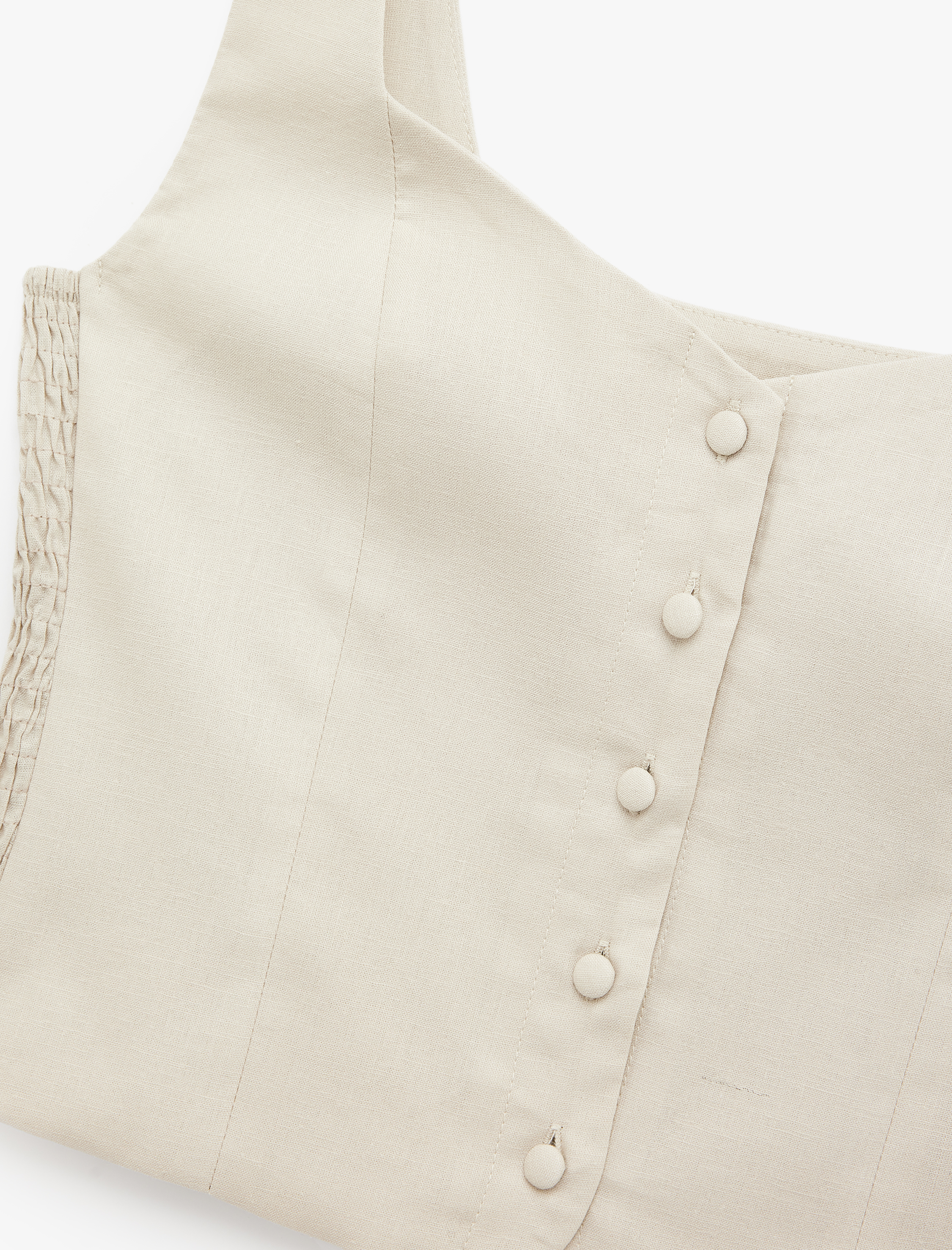   Gipeli Kare Yaka Düğmeli Kalın Askılı Keten Crop Bluz