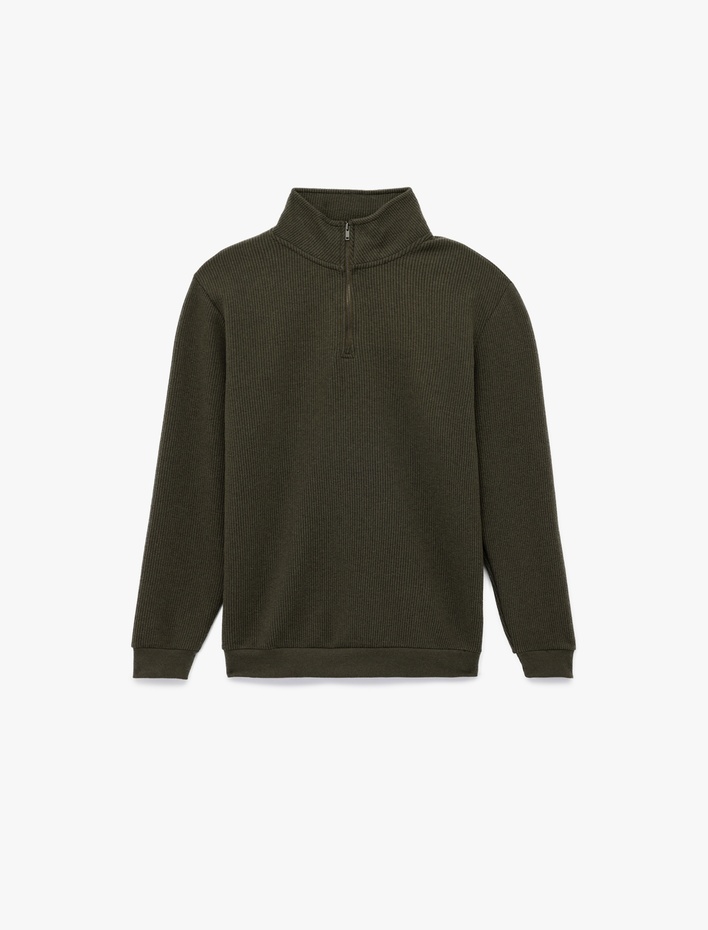  Dokulu Uzun Kollu Yarım Fermuarlı Sweatshirt