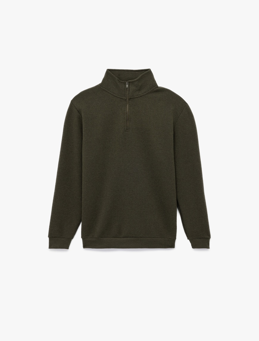   Dokulu Uzun Kollu Yarım Fermuarlı Sweatshirt