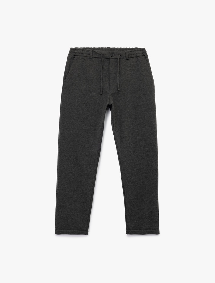  Beli Bağcıklı Düğmeli Pike Kumaş Cep Detaylı Duble Paça Slim Fit Pantolon