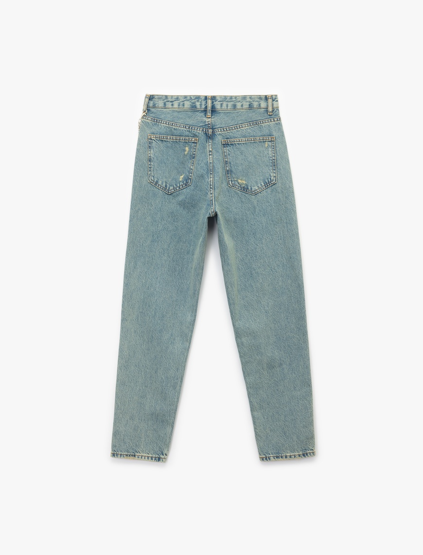   Yüksek Bel Rahat Kalıp Yıpratılmış Zincir Detaylı Mom Jean Pantolon - Mom Slim Jean