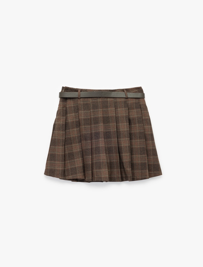  Ekoseli Kemerli Pileli Mini Şort Etek