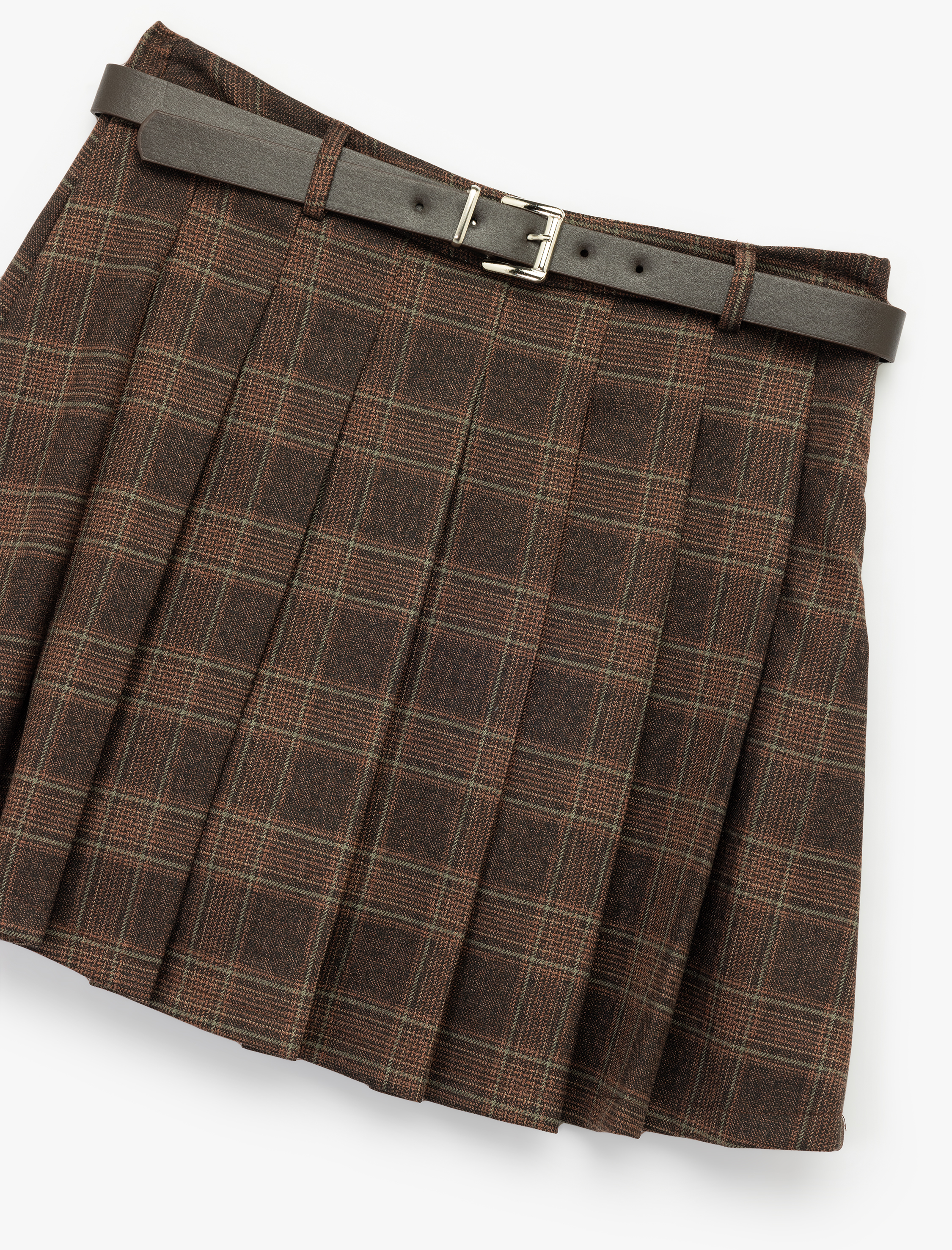   Ekoseli Kemerli Pileli Mini Şort Etek