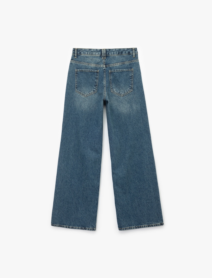   Standart Bel Regular Fit Geniş Paça Bağcıklı Jean Pantolon - Wide Leg Jeans