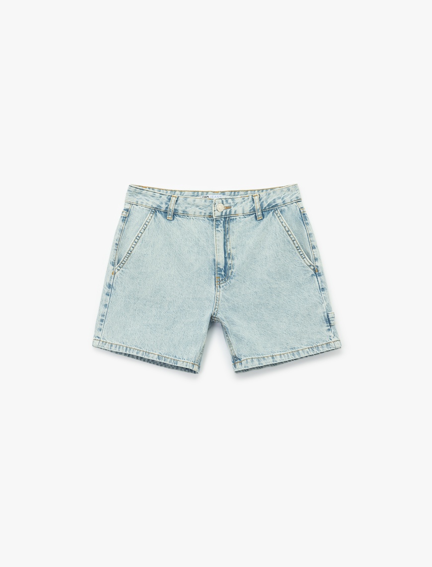   Pamuklu Chino Cepli Rahat Kalıp Düğmeli Mini Denim Şort