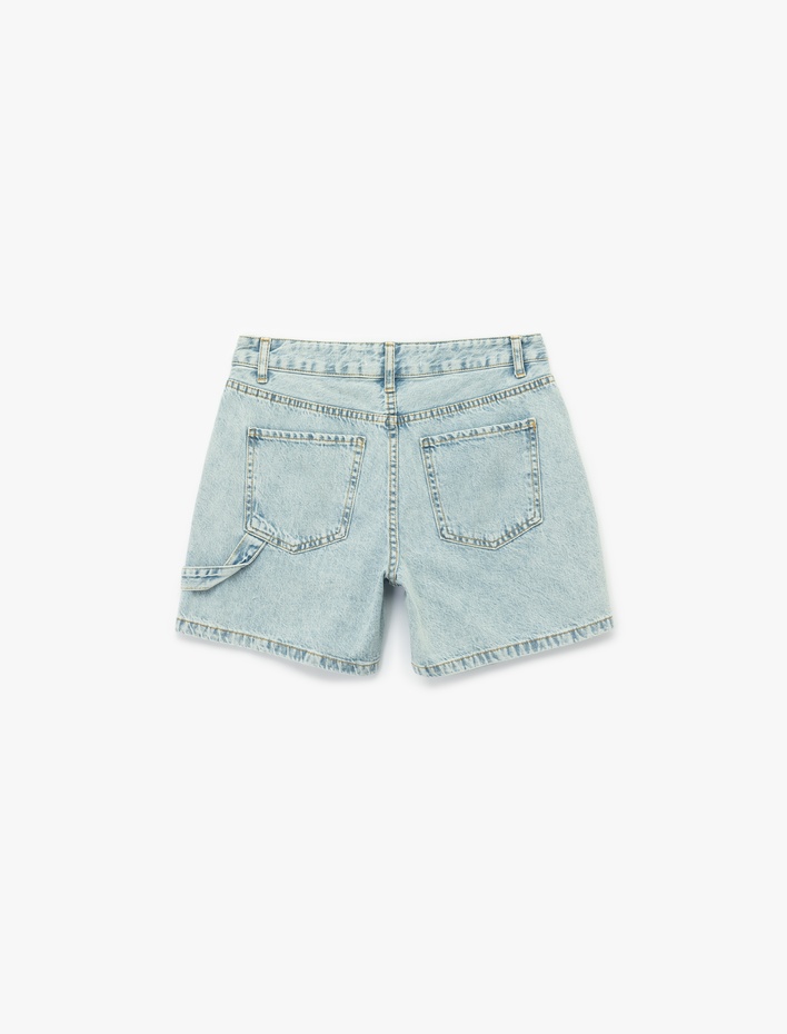  Pamuklu Chino Cepli Rahat Kalıp Düğmeli Mini Denim Şort