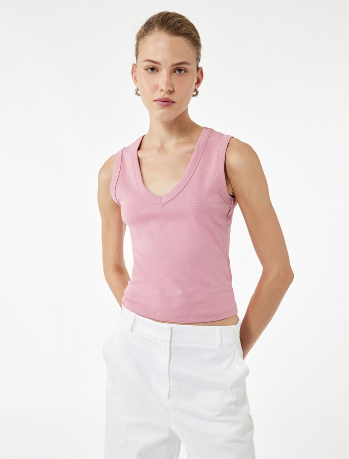  Slim Fit Bisiklet Yaka Pamuklu Ribanalı Kolsuz Bluz
