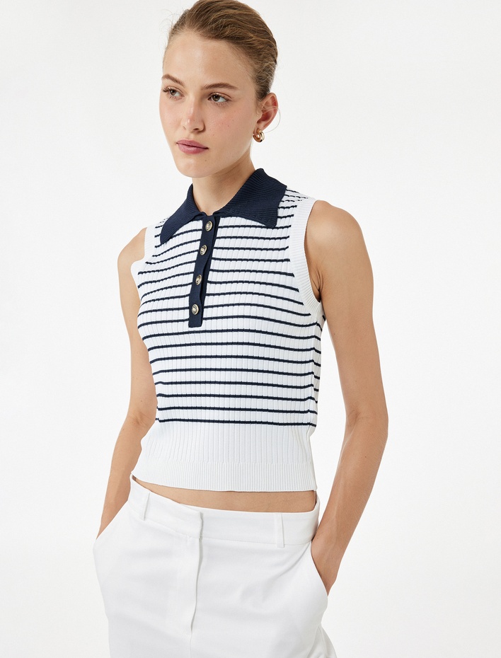  Regular Fit Kolsuz Yarım Düğmeli Polo Yaka Triko Bluz