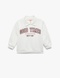 Uzun Kollu Şardonlu Baskılı Polo Yaka Sweatshirt