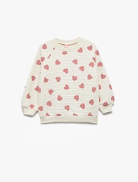 Kalp Desenli Uzun Kollu Bisiklet Yaka Sweatshirt