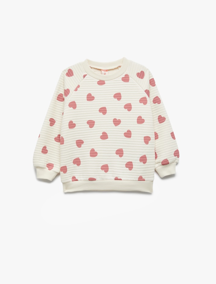 Kız Bebek Kalp Desenli Uzun Kollu Bisiklet Yaka Sweatshirt