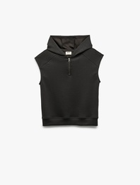 Fermuar Detaylı Viskon Karışımlı Kolsuz Kapşonlu Sweatshirt