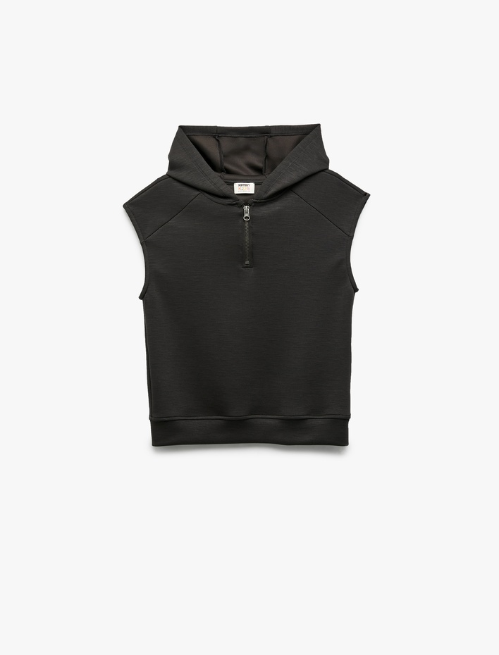 Erkek Çocuk Fermuar Detaylı Viskon Karışımlı Kolsuz Kapşonlu Sweatshirt