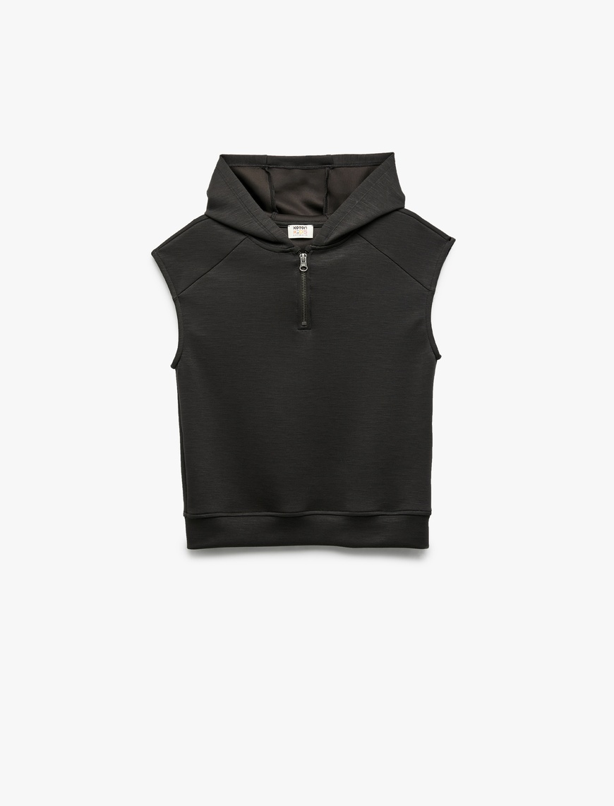  Erkek Çocuk Fermuar Detaylı Viskon Karışımlı Kolsuz Kapşonlu Sweatshirt