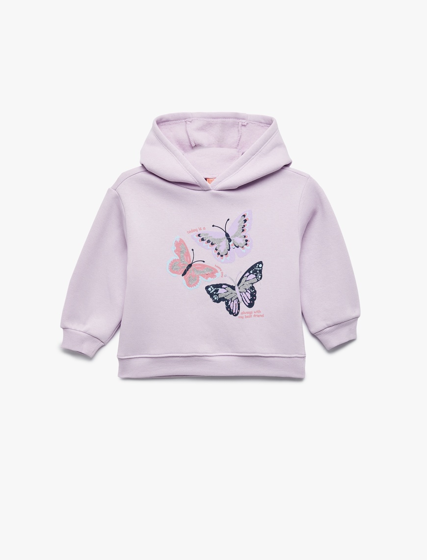  Kız Bebek Uzun Kollu Kapşonlu Kelebek Baskılı Sweatshirt